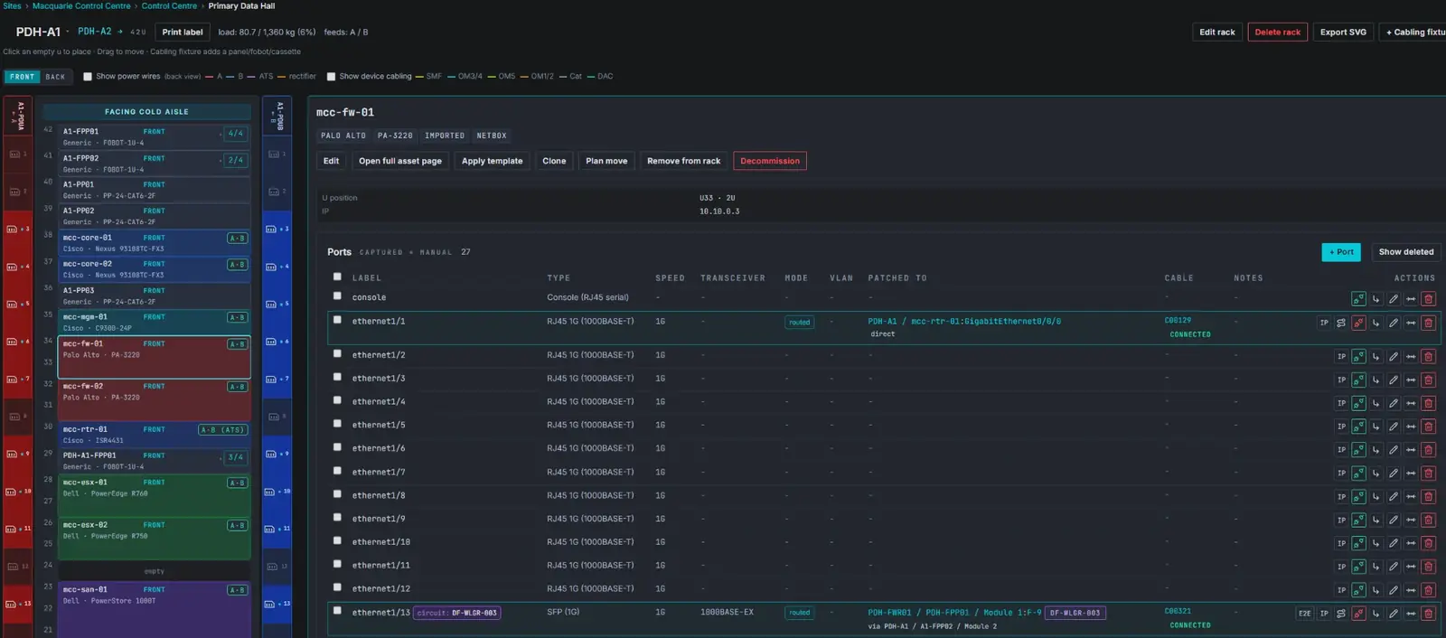 Cofferdam rack editor: a U-accurate elevation beside a firewall's port table with patched-to paths, cable numbers, VLAN modes, and NetBox import badges