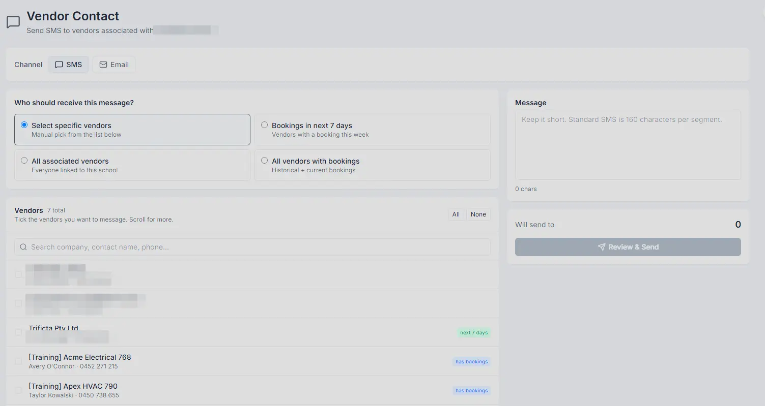 Onsitr vendor contact screen composing an SMS with audience options: specific vendors, this week's bookings or all associated vendors
